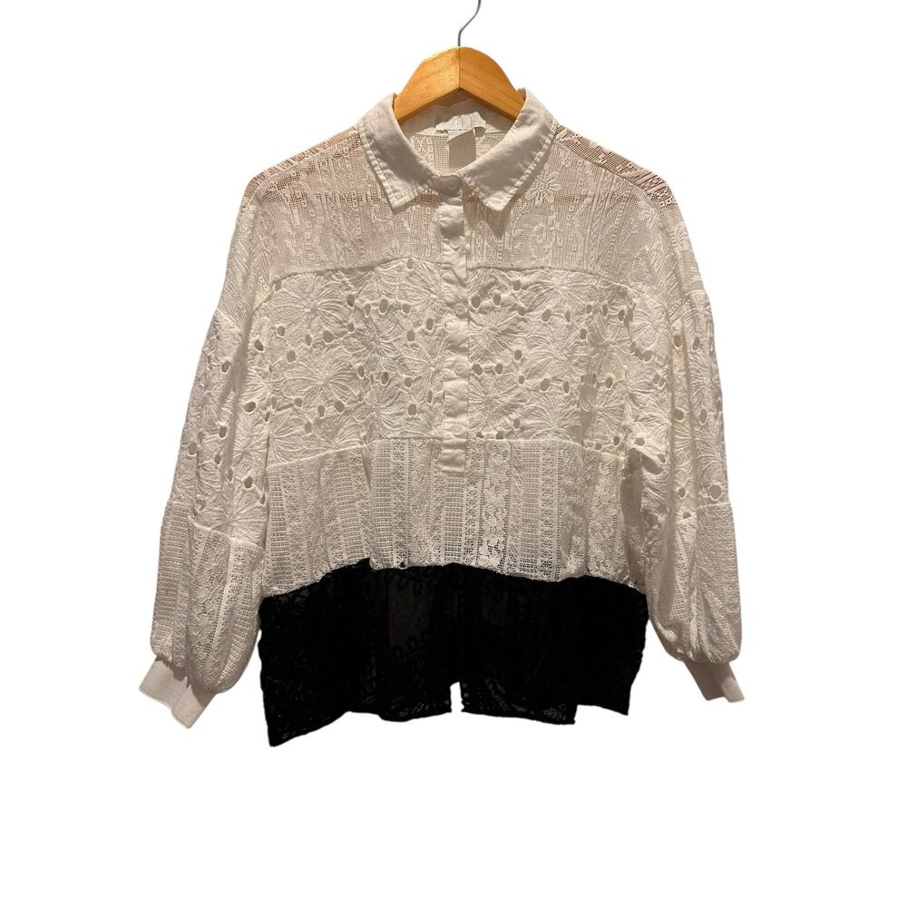 Vintage Mixed-Lace Contrast Blouse – White & Black – Size M/XL RomanticGoth